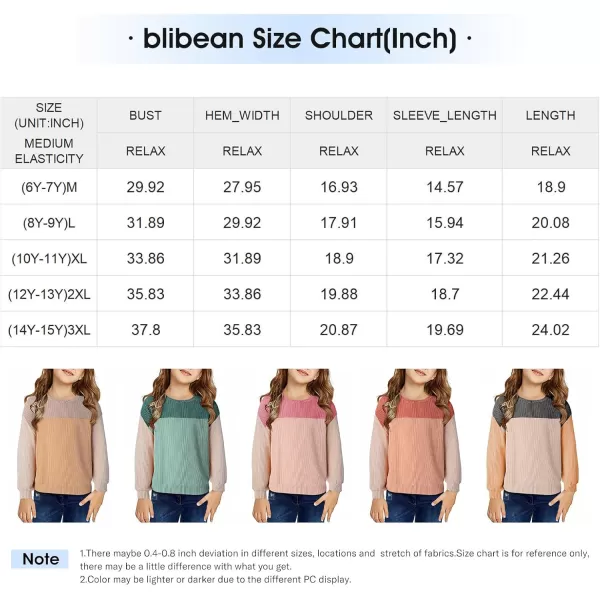 blibean Tween Girls Fall Long Sleeve Shirt Kid Color Block Tops Size 6-15 Years