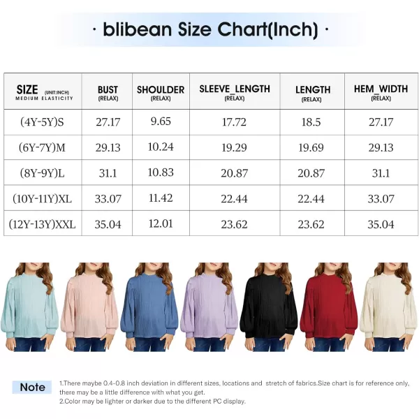 blibean Tween Girls Turtleneck Textured Shirts Kid Puff Long Sleeve Tops Size 6-15 Years
