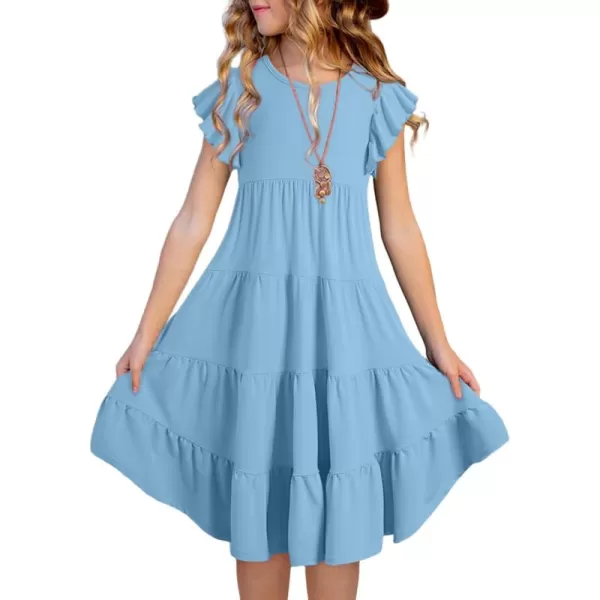 blibean Girl 2024 Summer Boho Sun Dress Ruffled Pockets Dresses Size 6-15 Years