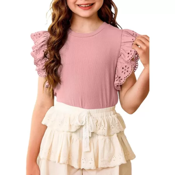 blibean Girl Summer Tops Tween Girls Ruffle Sleeve Blouse Solid Color Casual Shirts Cute Clothes Preteen Kid Dressy Clothing Size 12-13 Years Old Pink