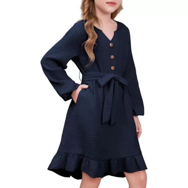 blibean Girls Cotton Long Sleeve Dresses Ruffled Semi Formal Dress Size 6-15 Years