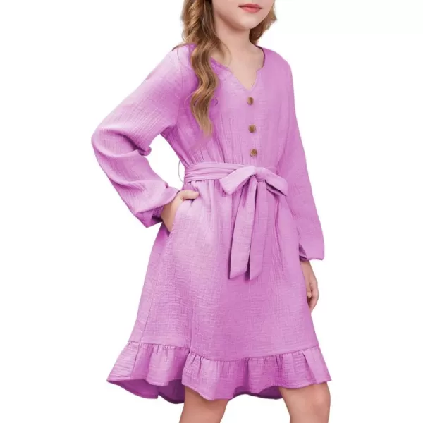 blibean Girls Cotton Long Sleeve Dresses Ruffled Semi Formal Dress Size 6-15 Years