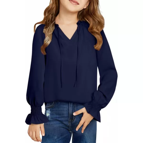 blibean Girls Long Sleeve Chiffon Blouses V Neck Smocked Cuffs Shirts Tops 6-15 Years