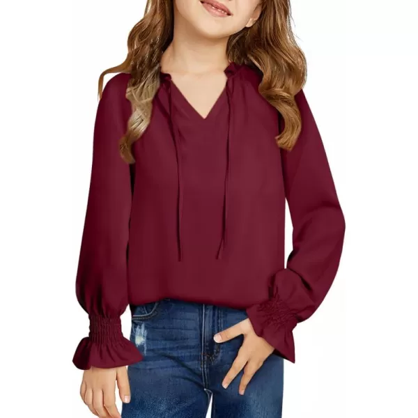 blibean Girls Long Sleeve Chiffon Blouses V Neck Smocked Cuffs Shirts Tops 6-15 Years