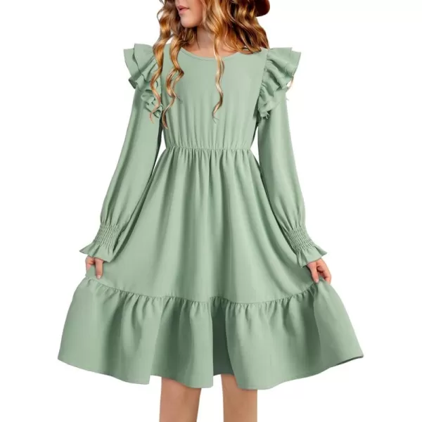 blibean Teen Girls Dress Kids Double Ruffle Long Sleeve Smocked Dresses Size 6-15 Years