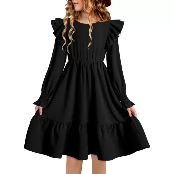 blibean Teen Girls Dress Kids Double Ruffle Long Sleeve Smocked Dresses Size 6-15 Years