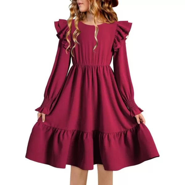 blibean Teen Girls Dress Kids Double Ruffle Long Sleeve Smocked Dresses Size 6-15 Years