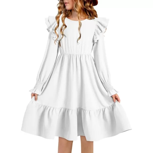 blibean Teen Girls Dress Kids Double Ruffle Long Sleeve Smocked Dresses Size 6-15 Years