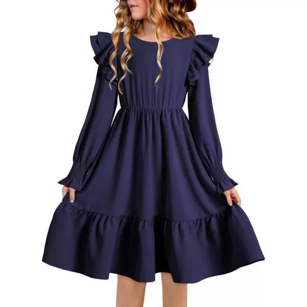 blibean Teen Girls Dress Kids Double Ruffle Long Sleeve Smocked Dresses Size 6-15 Years