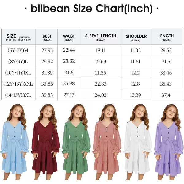 blibean Girl Long Sleeve Dresses Tween Ruffled Tunic Dress with Belt Size 6-15 Years