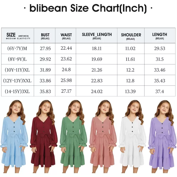 blibean Girl Long Sleeve Dresses Tween Ruffled Tunic Dress with Belt Size 6-15 Years