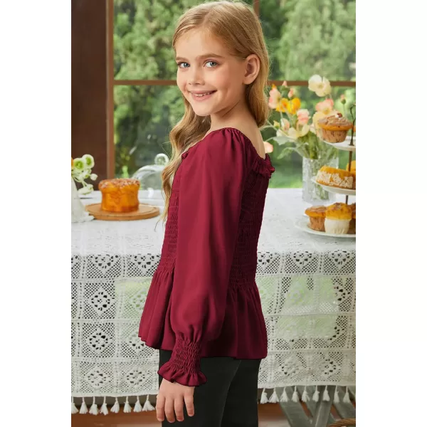 blibean Big Girl Fall Tops Youth Kid Lantern Long Sleeve Shirt Smocked Blouse Ruffle Outfit Tween Girls Boho Fancy Clothes Size 10-12 Years Old Red