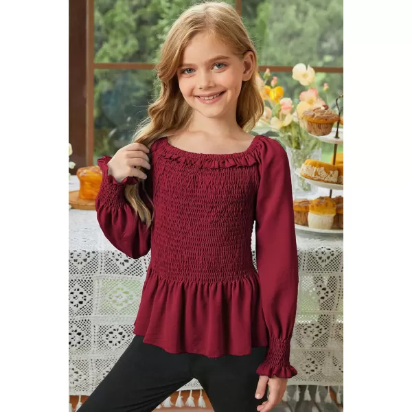 blibean Big Girl Fall Tops Youth Kid Lantern Long Sleeve Shirt Smocked Blouse Ruffle Outfit Tween Girls Boho Fancy Clothes Size 10-12 Years Old Red