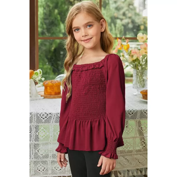 blibean Big Girl Fall Tops Youth Kid Lantern Long Sleeve Shirt Smocked Blouse Ruffle Outfit Tween Girls Boho Fancy Clothes Size 10-12 Years Old Red