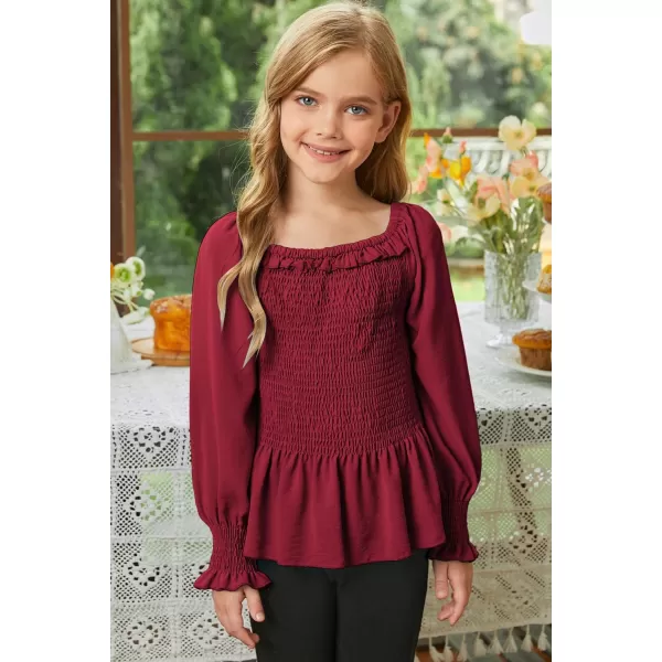 blibean Big Girl Fall Tops Youth Kid Lantern Long Sleeve Shirt Smocked Blouse Ruffle Outfit Tween Girls Boho Fancy Clothes Size 10-12 Years Old Red