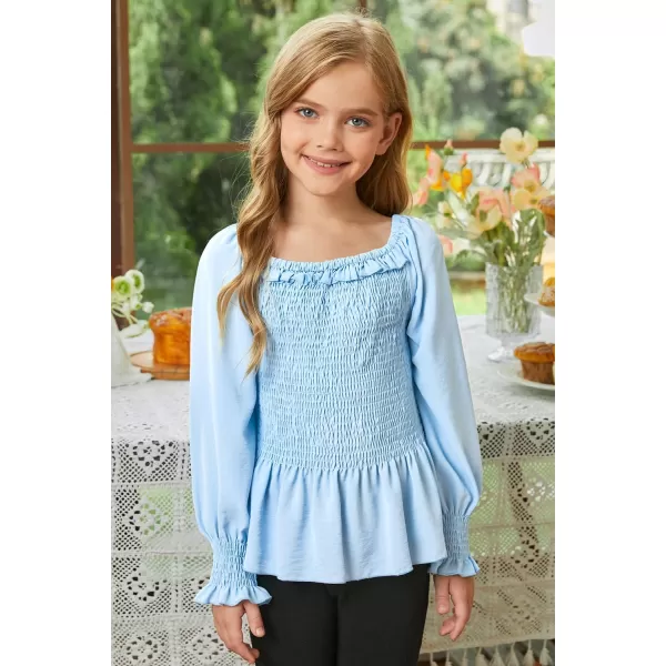 blibean Big Girl Fall Tops Youth Kid Lantern Long Sleeve Shirt Smocked Blouse Ruffle Outfit Tween Girls Boho Fancy Clothes Size 10-12 Years Old Sky Blue