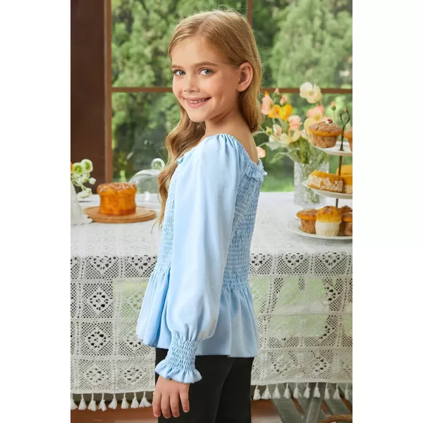 blibean Big Girl Fall Tops Youth Kid Lantern Long Sleeve Shirt Smocked Blouse Ruffle Outfit Tween Girls Boho Fancy Clothes Size 10-12 Years Old Sky Blue