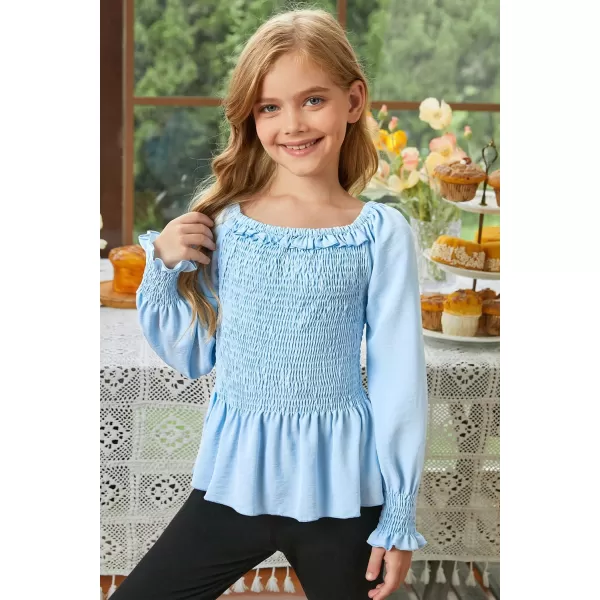 blibean Big Girl Fall Tops Youth Kid Lantern Long Sleeve Shirt Smocked Blouse Ruffle Outfit Tween Girls Boho Fancy Clothes Size 10-12 Years Old Sky Blue