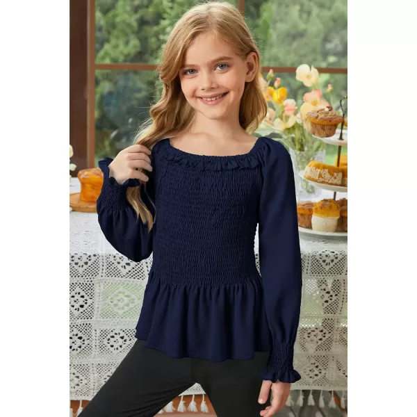 blibean Big Girl Fall Tops Youth Kid Lantern Long Sleeve Shirt Smocked Blouse Ruffle Outfit Tween Girls Boho Fancy Clothes Size 12-14 Years Old Blue