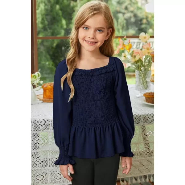 blibean Big Girl Fall Tops Youth Kid Lantern Long Sleeve Shirt Smocked Blouse Ruffle Outfit Tween Girls Boho Fancy Clothes Size 12-14 Years Old Blue