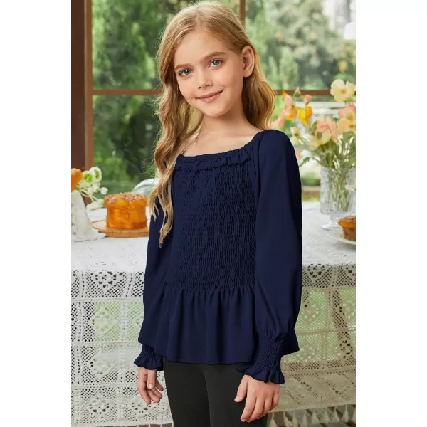 blibean Big Girl Fall Tops Youth Kid Lantern Long Sleeve Shirt Smocked Blouse Ruffle Outfit Tween Girls Boho Fancy Clothes Size 12-14 Years Old Blue
