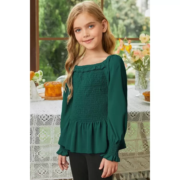 blibean Big Girl Fall Tops Youth Kid Lantern Long Sleeve Shirt Smocked Blouse Ruffle Outfit Tween Girls Boho Fancy Clothes Size 12-14 Years Old Green