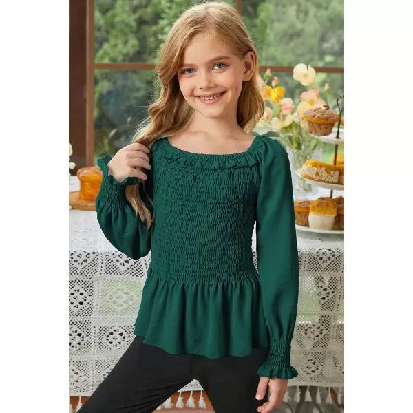 blibean Big Girl Fall Tops Youth Kid Lantern Long Sleeve Shirt Smocked Blouse Ruffle Outfit Tween Girls Boho Fancy Clothes Size 12-14 Years Old Green