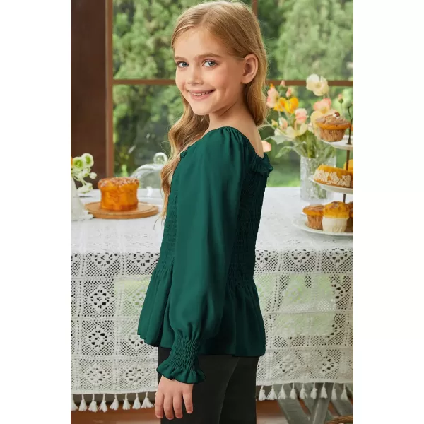 blibean Big Girl Fall Tops Youth Kid Lantern Long Sleeve Shirt Smocked Blouse Ruffle Outfit Tween Girls Boho Fancy Clothes Size 12-14 Years Old Green