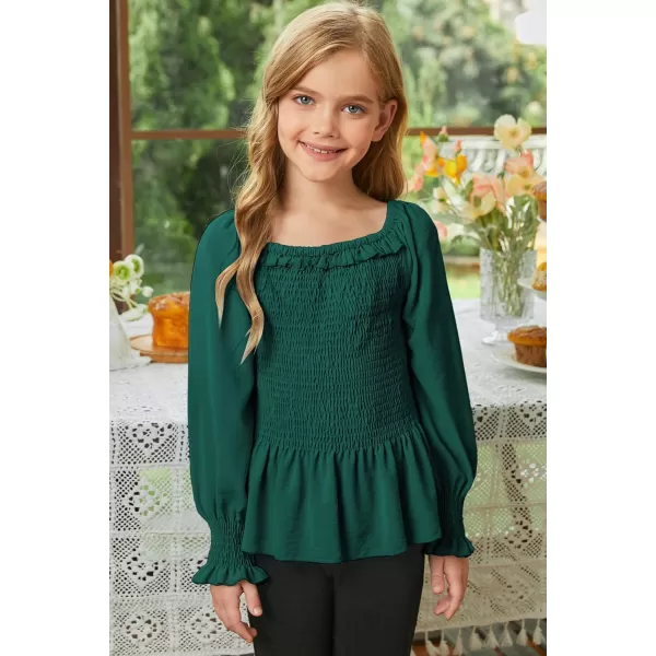 blibean Big Girl Fall Tops Youth Kid Lantern Long Sleeve Shirt Smocked Blouse Ruffle Outfit Tween Girls Boho Fancy Clothes Size 12-14 Years Old Green