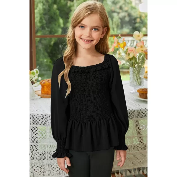 blibean Big Girl Fall Tops Youth Kid Peplum Long Sleeve Shirt Smocked Blouse Ruffle Outfit Tween Girls Boho Fancy Clothes Size 10-12 Years Old Black
