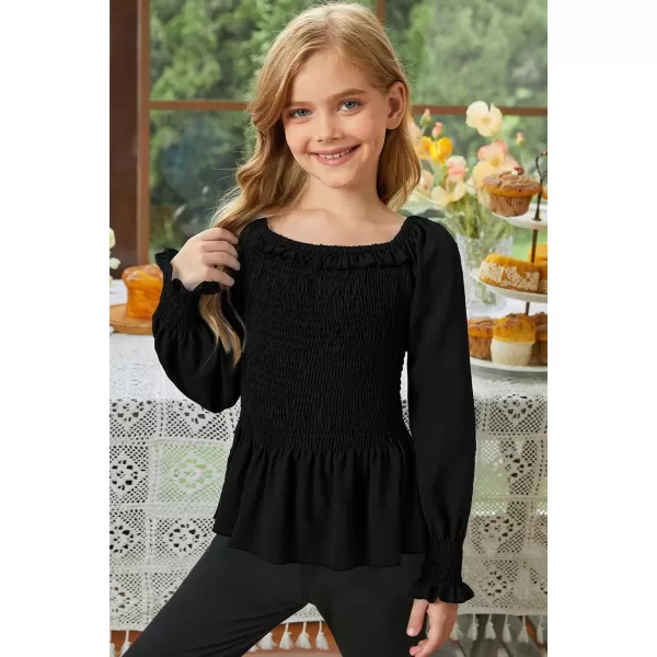 blibean Big Girl Fall Tops Youth Kid Peplum Long Sleeve Shirt Smocked Blouse Ruffle Outfit Tween Girls Boho Fancy Clothes Size 10-12 Years Old Black