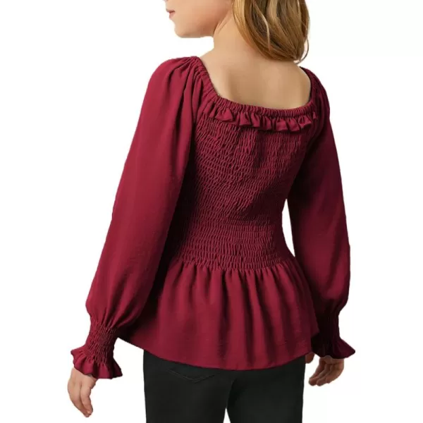 blibean Big Girl Fall Tops Youth Kid Lantern Long Sleeve Shirt Smocked Blouse Ruffle Outfit Tween Girls Boho Fancy Clothes Size 10-12 Years Old Red