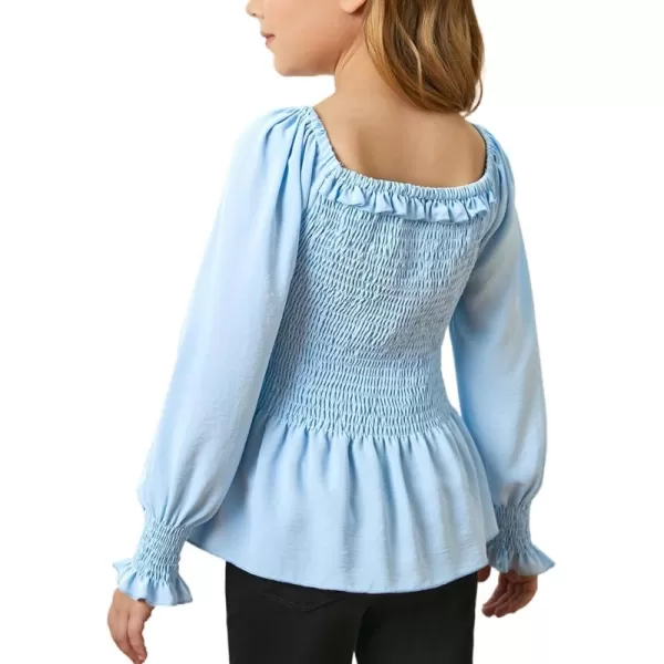 blibean Big Girl Fall Tops Youth Kid Lantern Long Sleeve Shirt Smocked Blouse Ruffle Outfit Tween Girls Boho Fancy Clothes Size 10-12 Years Old Sky Blue