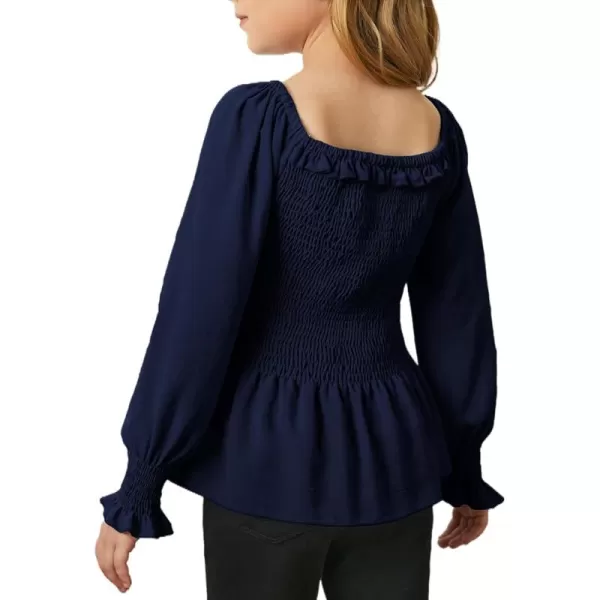 blibean Big Girl Fall Tops Youth Kid Lantern Long Sleeve Shirt Smocked Blouse Ruffle Outfit Tween Girls Boho Fancy Clothes Size 12-14 Years Old Blue