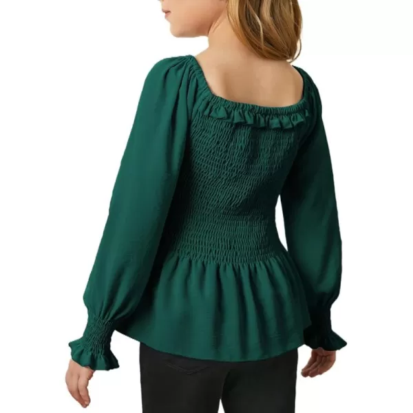 blibean Big Girl Fall Tops Youth Kid Lantern Long Sleeve Shirt Smocked Blouse Ruffle Outfit Tween Girls Boho Fancy Clothes Size 12-14 Years Old Green