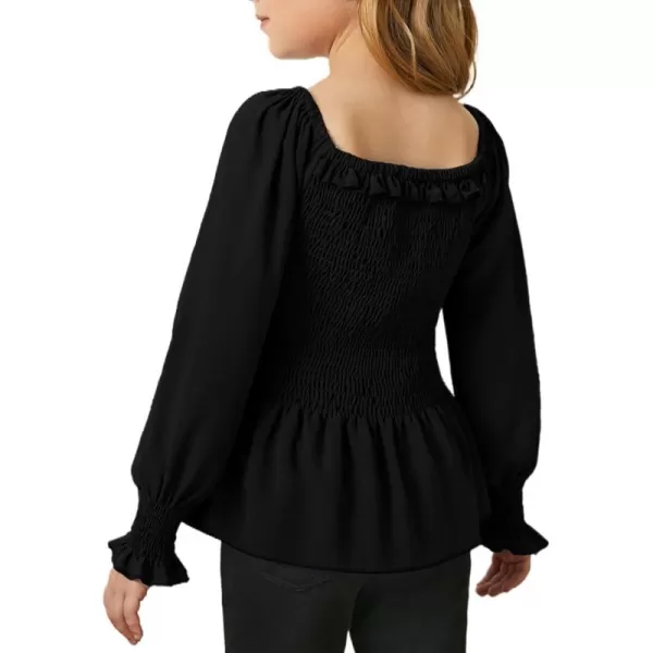 blibean Big Girl Fall Tops Youth Kid Peplum Long Sleeve Shirt Smocked Blouse Ruffle Outfit Tween Girls Boho Fancy Clothes Size 10-12 Years Old Black