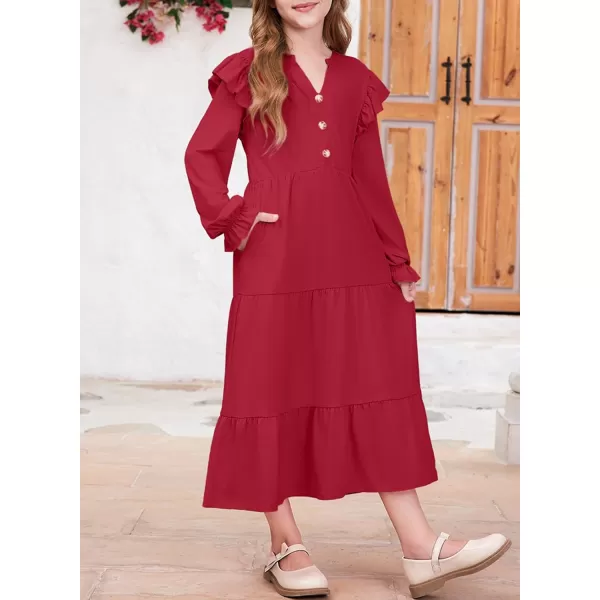 blibean Girls 2024 Fall Cotton Dresses Tween Long Ruffle Sleeve Pockets Dress Size 6-15 Years