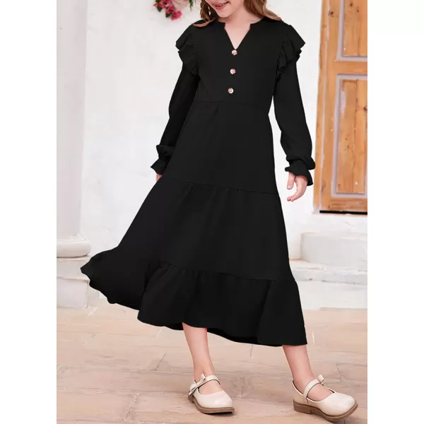 blibean Girls 2024 Fall Cotton Dresses Tween Long Ruffle Sleeve Pockets Dress Size 6-15 Years
