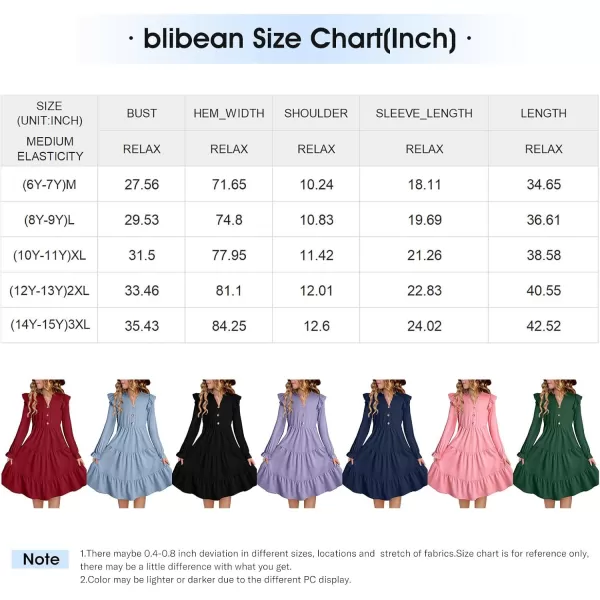 blibean Girls 2024 Fall Cotton Dresses Tween Long Ruffle Sleeve Pockets Dress Size 6-15 Years