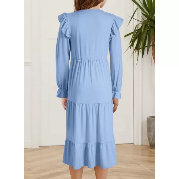 blibean Girls 2024 Fall Cotton Dresses Tween Long Ruffle Sleeve Pockets Dress Size 6-15 Years