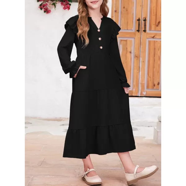 blibean Girls 2024 Fall Cotton Dresses Tween Long Ruffle Sleeve Pockets Dress Size 6-15 Years