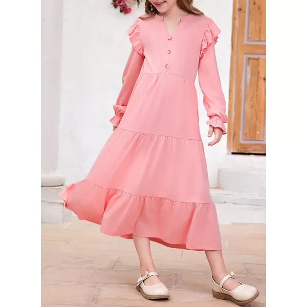 blibean Girls 2024 Fall Cotton Dresses Tween Long Ruffle Sleeve Pockets Dress Size 6-15 Years