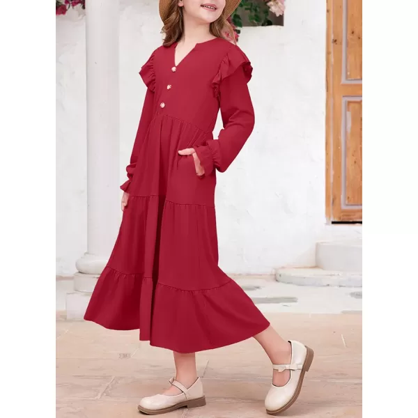 blibean Girls 2024 Fall Cotton Dresses Tween Long Ruffle Sleeve Pockets Dress Size 6-15 Years
