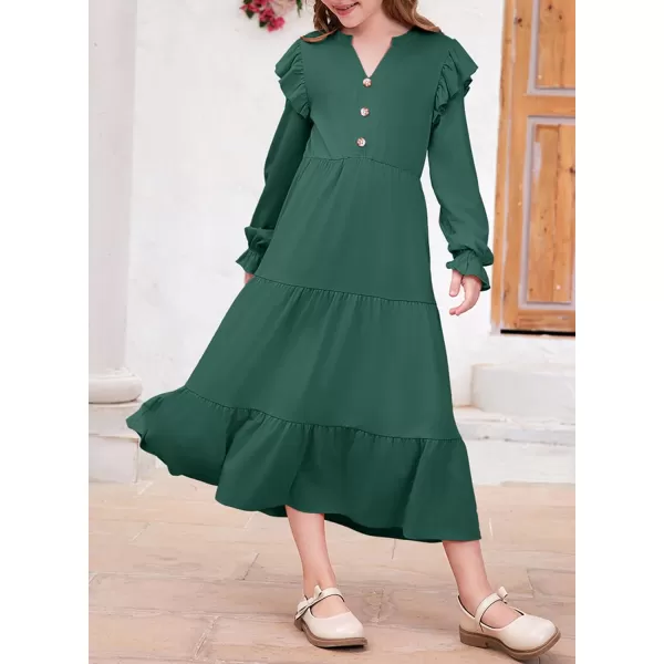 blibean Girls 2024 Fall Cotton Dresses Tween Long Ruffle Sleeve Pockets Dress Size 6-15 Years