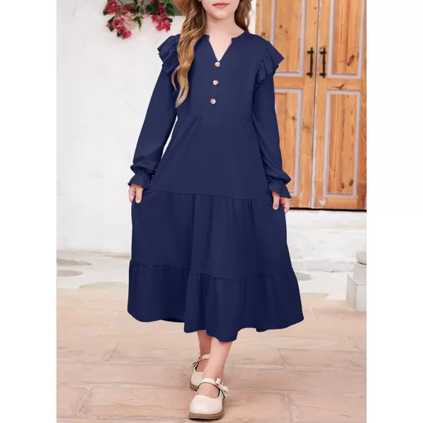 blibean Girls 2024 Fall Cotton Dresses Tween Long Ruffle Sleeve Pockets Dress Size 6-15 Years