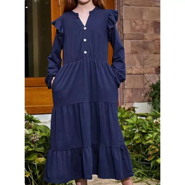 blibean Girls 2024 Fall Cotton Dresses Tween Long Ruffle Sleeve Pockets Dress Size 6-15 Years