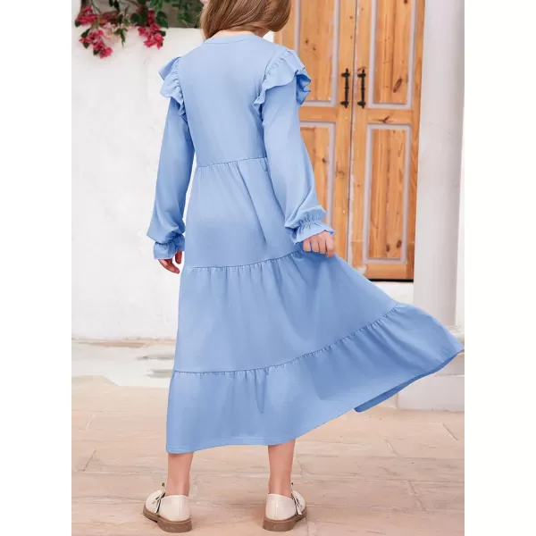 blibean Girls 2024 Fall Cotton Dresses Tween Long Ruffle Sleeve Pockets Dress Size 6-15 Years