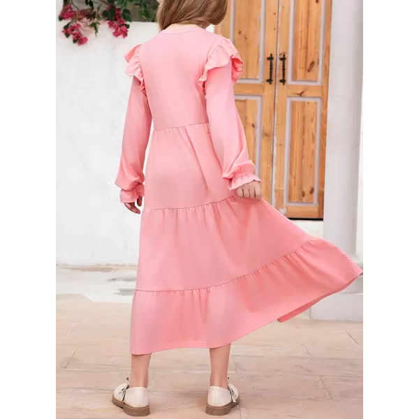 blibean Girls 2024 Fall Cotton Dresses Tween Long Ruffle Sleeve Pockets Dress Size 6-15 Years