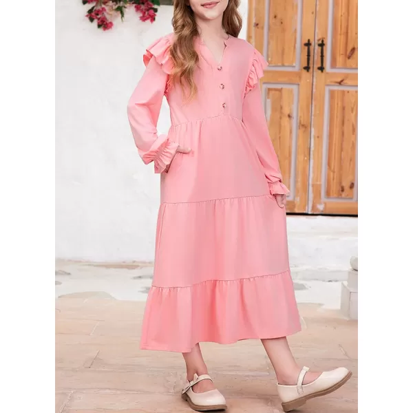 blibean Girls 2024 Fall Cotton Dresses Tween Long Ruffle Sleeve Pockets Dress Size 6-15 Years