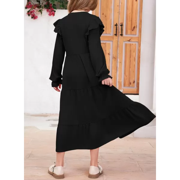 blibean Girls 2024 Fall Cotton Dresses Tween Long Ruffle Sleeve Pockets Dress Size 6-15 Years